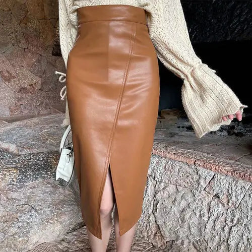 Women’s High-Waisted Faux Leather Midi Pencil Skirt | Elegant PU Leather Straight Skirt with Front Slit | Fall & Winter Boutique Apparel