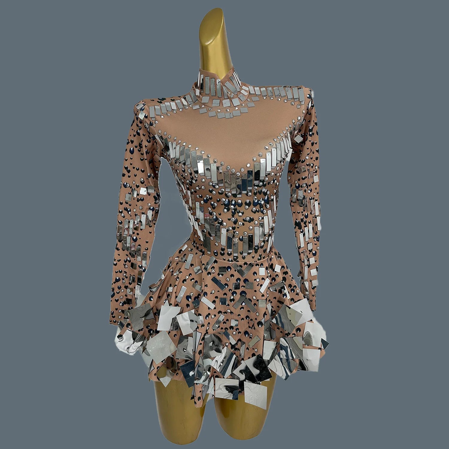 Dazzling Golden Rhinestone Mini Dress/Stage Sequined Maxi Dress/Concert Event Day/Crystal Mirror Silhouette A-LINE Dress.