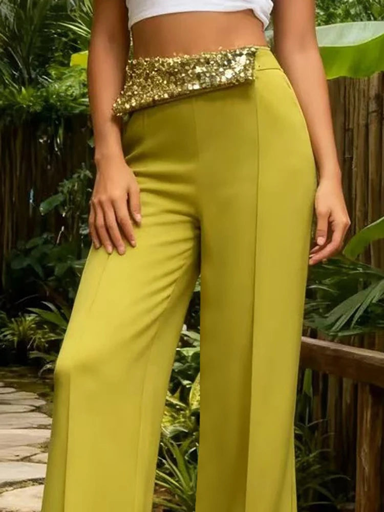 Burgundy High Waist Wide Leg Pants with Sequin Waistband | Elegant Dressy Women’s Trousers