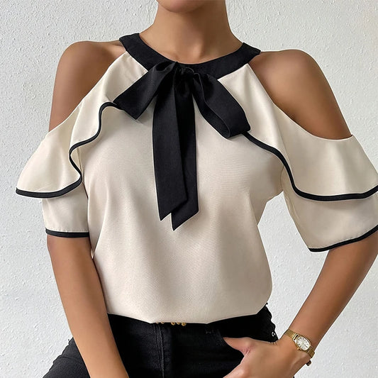 Elegant Bow Strapped Blouse/New Designed Off Shoulder Blouse/Double Ruffled Short Sleeve Shirt/All-Match Solid Top.