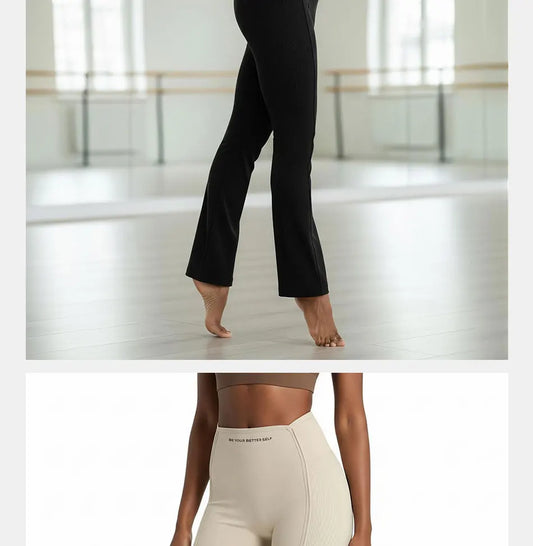 “High-waisted sculpting flare yoga pants with dual-curve construction and moisture-wicking stretch fabric.”