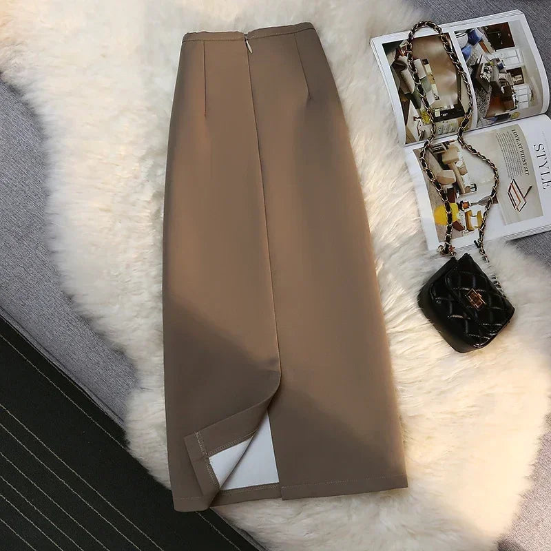 Fashion Mid~Calf  Elegant Formal Skirt’s/New Stretch High Waist Drape Suit Long Brown Skirt Zipper.