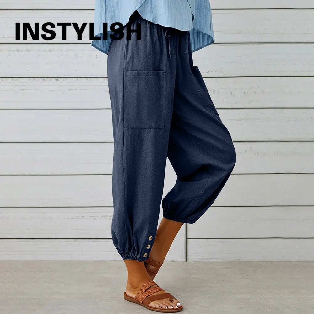 Comfy Carpi Harajuku Pants/Loose Cotton Linen/Solid Color Elastic Waist Loose Straight Trousers/Waist Wide Leg Pants.