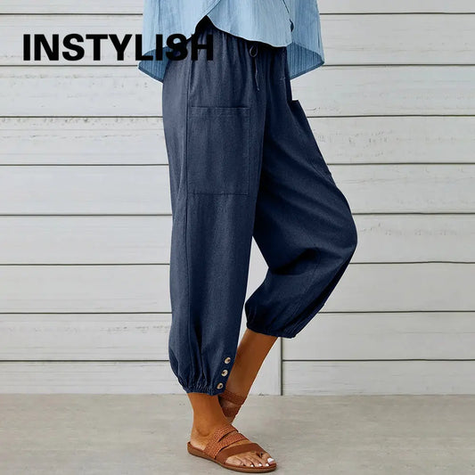 Comfy Carpi Harajuku Pants/Loose Cotton Linen/Solid Color Elastic Waist Loose Straight Trousers/Waist Wide Leg Pants.