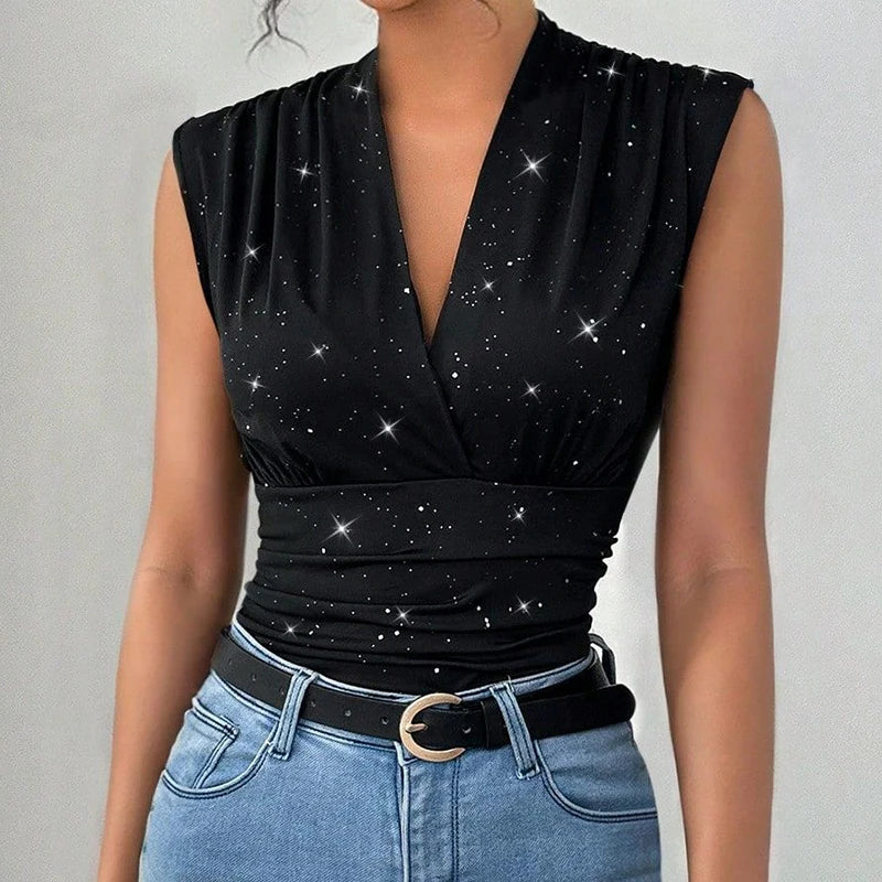 Fashioned Sequined Decor Blouse/New Mesh V~Neck/Folds Sleeveless Tank Top/Streetwear Tight Waist Slim Black Cropped Blouse.