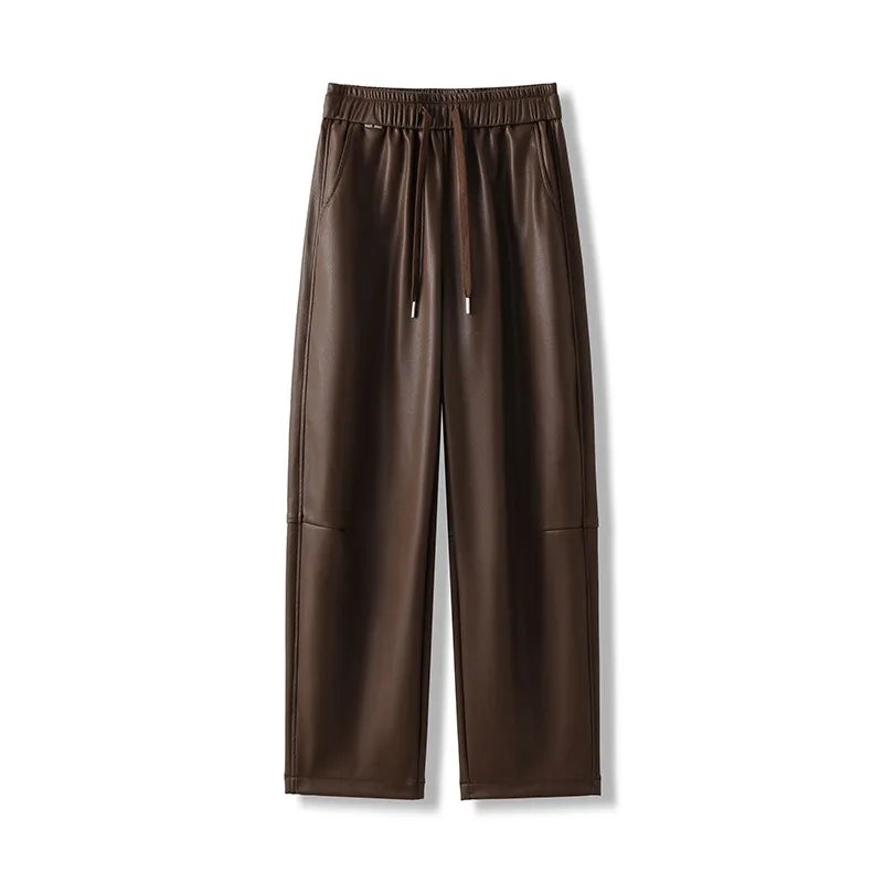 Luxury PU Leather Jogger Pants for Women – High-Waist Elastic Drawstring Wide-Leg Trousers – Comfy Chic Vegan Leather Athleisure Pants