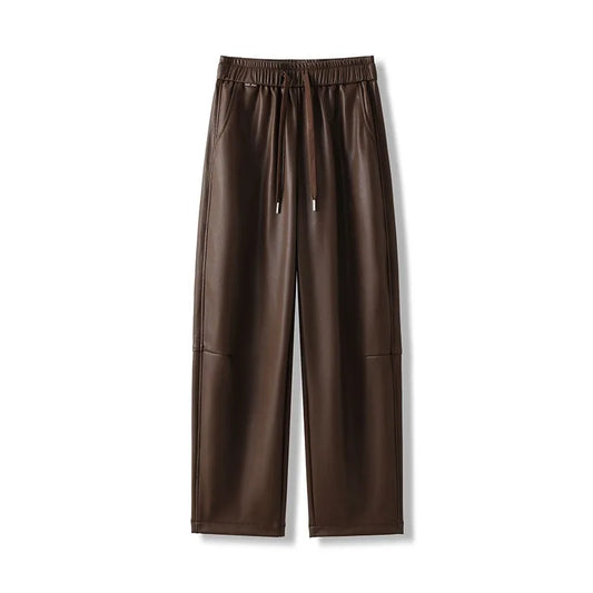 Luxury PU Leather Jogger Pants for Women – High-Waist Elastic Drawstring Wide-Leg Trousers – Comfy Chic Vegan Leather Athleisure Pants