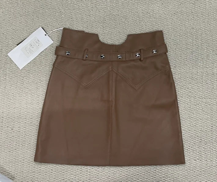 Women’s Genuine Sheepskin Leather Mini Skirt – High Waist Belted Office Chic Skirt