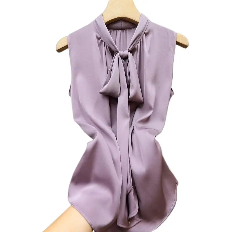 Fashion Ice Silk Top Pink Satin Acetate Blouse/Lace Up Bow Tie/Sexy elegant chiffon blouse.