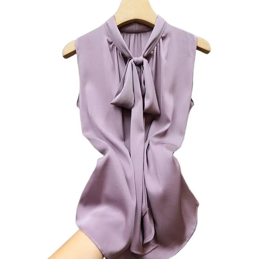 Fashion Ice Silk Top Pink Satin Acetate Blouse/Lace Up Bow Tie/Sexy elegant chiffon blouse.