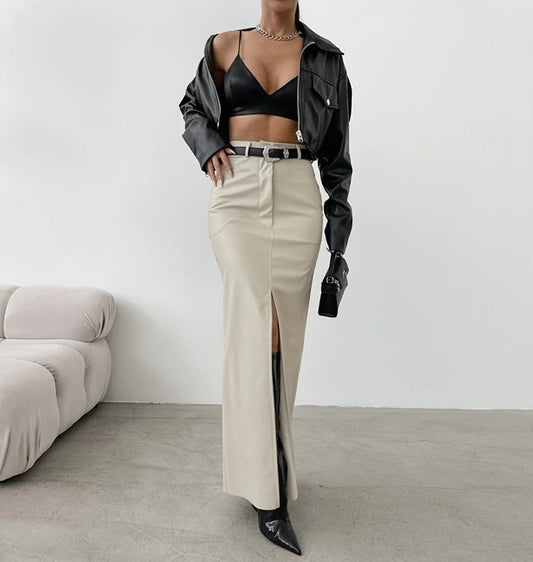 Luxury High-Waist Faux Leather Midi Skirt with Front Slit – Elegant Tailored Fit