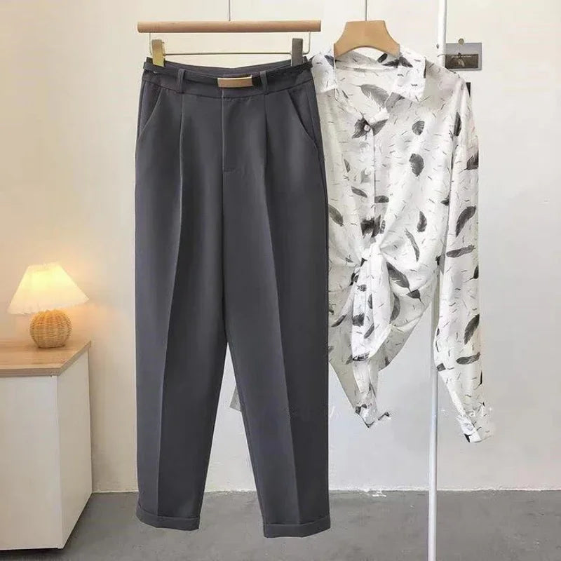 Casual Pants Women Fashion Solid Color Sashes  Slim Straight Trousers Chic Business Mujer Retro Belt.