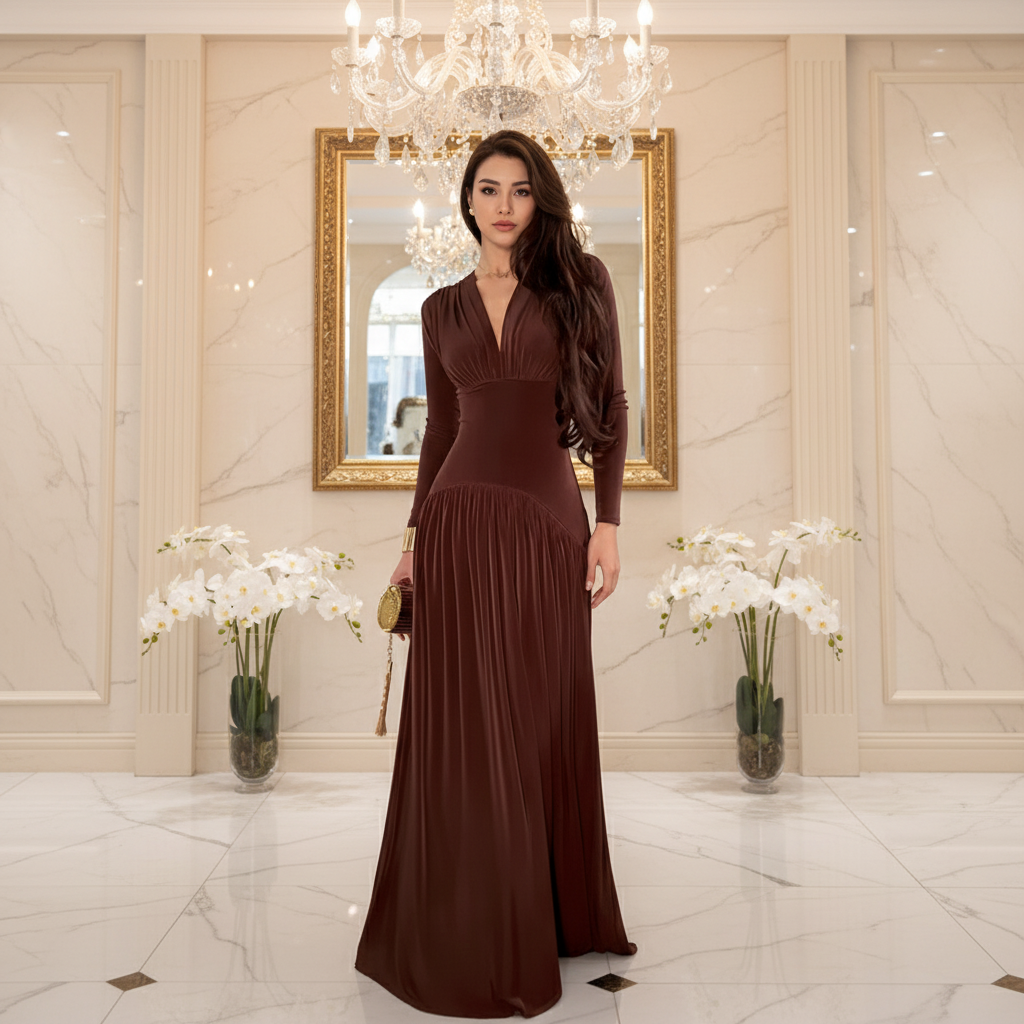 Luxurious Velvet Hight Waist Dress/ Slim Fit A-Line Dress/Fashion Draped Solid Long Party Dress Sexy Deep V-neck Long Sleeve Maxi Dress/Synthetic Fiber.