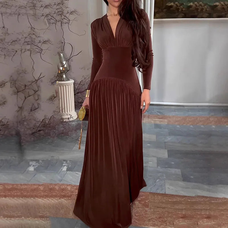 Luxurious Velvet Hight Waist Slim Fit A-Line Dress/Fashion Draped Solid Long Party Dress Sexy Deep V-neck Long Sleeve Maxi Dress/Synthetic Fiber.