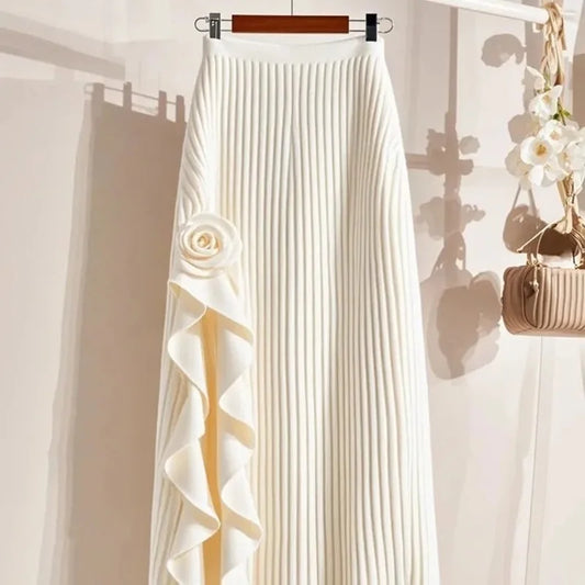 Solid Autumn Winter Skirt/Women/Elastic High Waist A-line Pleated Skirt Midi Skirt Female Elegant Skirts/Med Stretched.