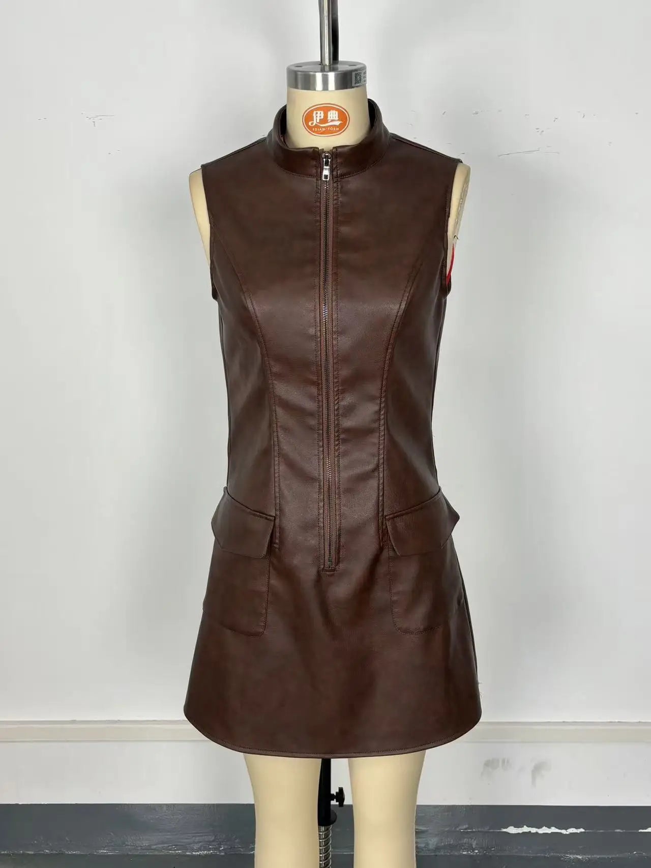 Luxury Brown Faux Leather Sleeveless Mini Dress with Front Zipper & Pocket Detail
