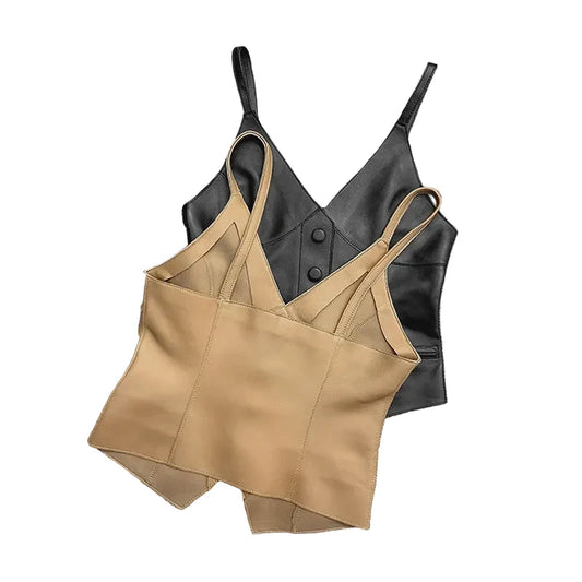 Luxury Genuine Sheepskin Leather Vest for Women – Tailored V-Neck Button Front Streetwear Top (Black, Camel, Green, Purple, Orange, Khaki)