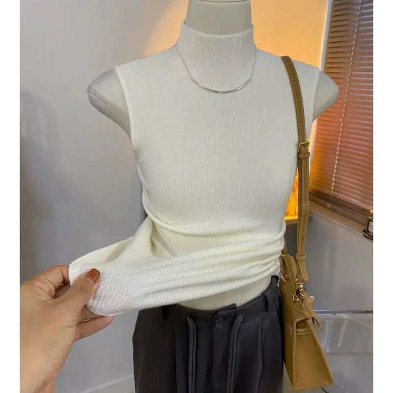 Knitted turtleneck sweater/Women Half High Collar Fashion/Autumn Basic Slim Sleeveless Sweaters/All-match Ulzzang Leisure Knitting. Popular Slightly Stretch.