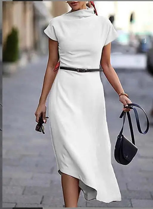 Short Sleeve Solid Midi Dress/England Style Chic Wear/Asymmetrical Dress/Solid Cow Neck Designed/Daywear Dress/Belt not Included.