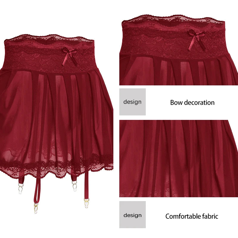Sexy Transparent Lace Mini Skirt/Women's Bow Decoration Chiffon Micro Skirt Lace Edge Sexy Women's Sleeping Skirt.
