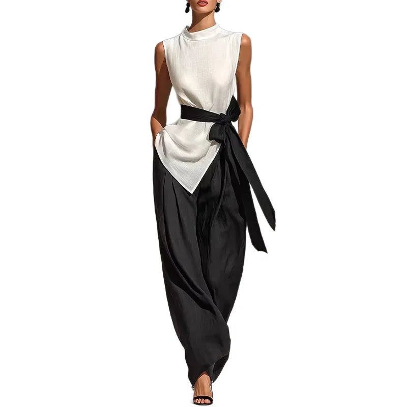 Elegant Sleeveless Tie Top & Wide-Leg Pants Two-Piece Set – Slim Fit Luxury Lounge Ensemble