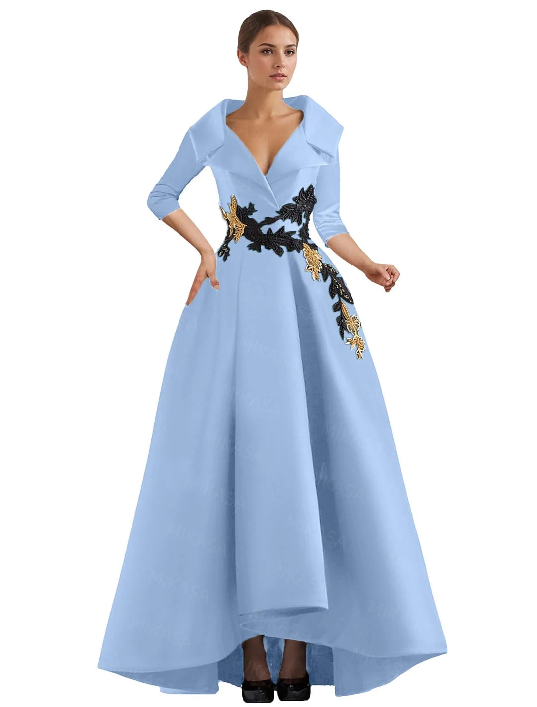 Elegant A Line Vintage Gown/Modern Three Quarter Sleeves V~Neck Dress/Party Gowns With Appliqué’s/Pockets Irregular Ruffles.