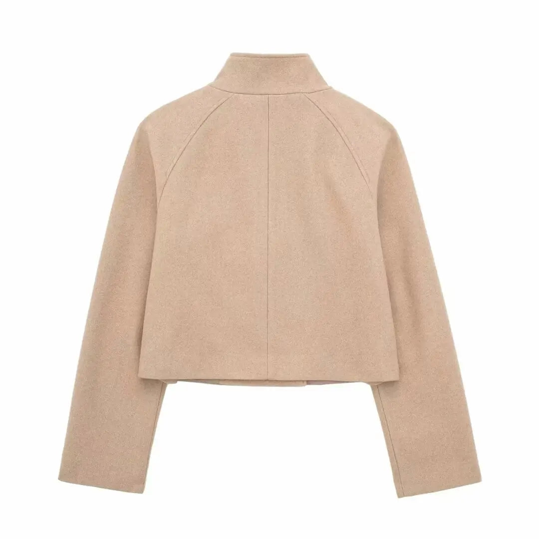 Detail Button Fleece Jacket/Double-Breasted Stand Collar/Short Sized Style Woolen Fabric Coat.