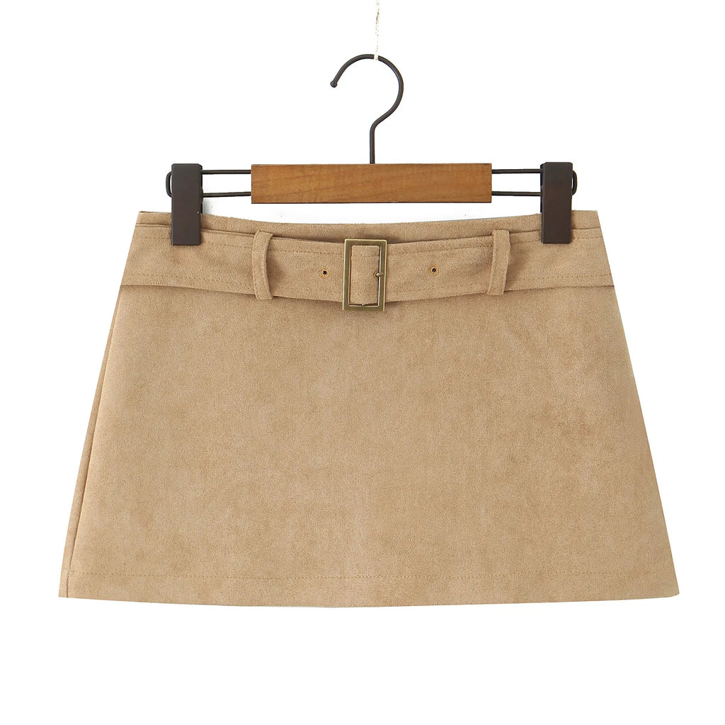 Faux Suede Low Waist Belt Mini Skirt/ Short Lining/Sexy A-line Package Hip/Slim Fitted Waistline/Solid Vintage Skirt.