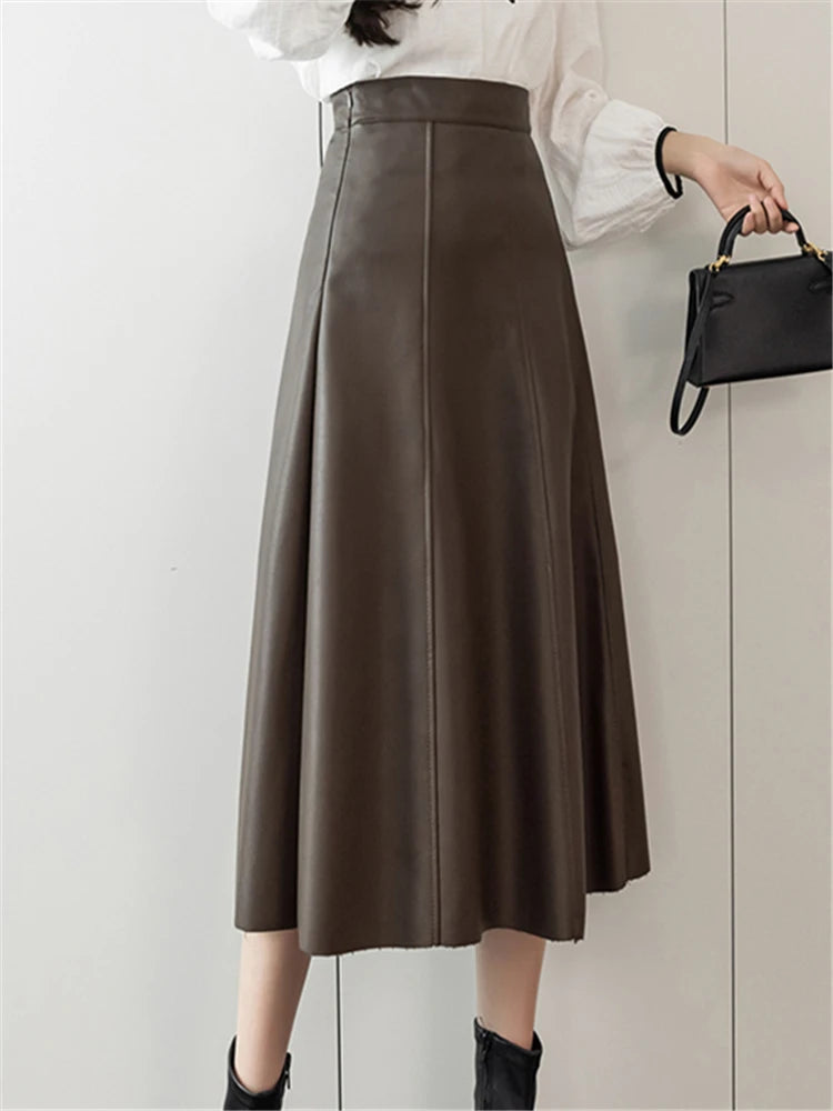 Seoulish Black Faux PU Leather Women's A-Line Skirt/New High Wasit Solid Chic/Umbrella Office Skirt’s Female.