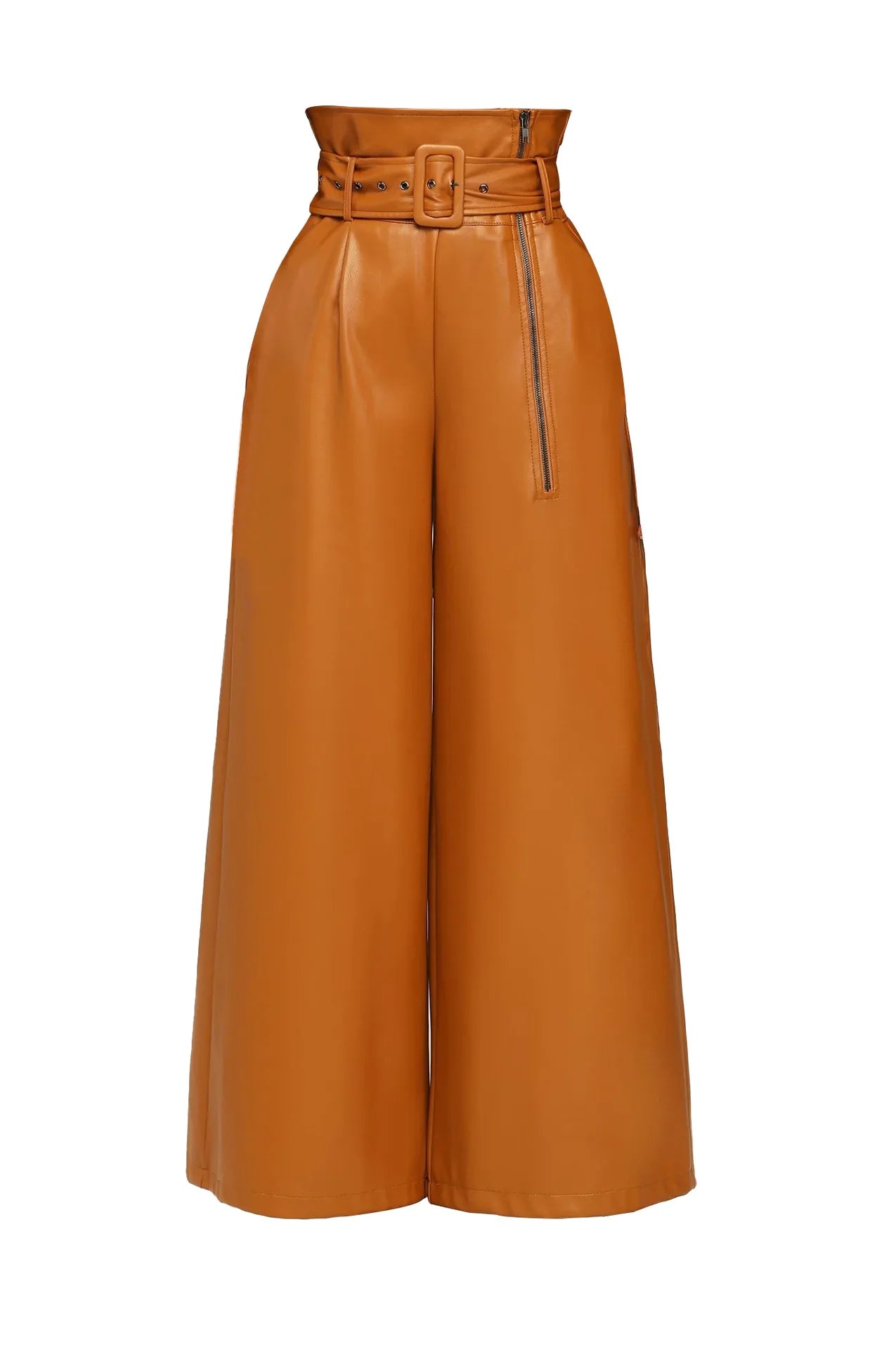 High-Waist Faux Leather Wide-Leg Pants with Belt – Elegant Statement Trousers
