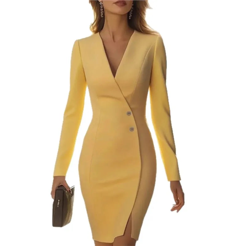 Autumn Solid Color Long-sleeved Dress/V~Neck Dress/Chemical Fiber/ Button Suit Dress/Elegant Event Look.