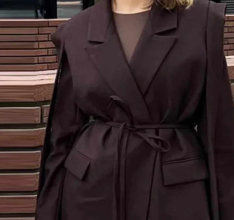 DFCF Women Elegant Loose Waist Cinching Belt Jackets Female Tailored Vintage Striped Lapel Suit Jacket