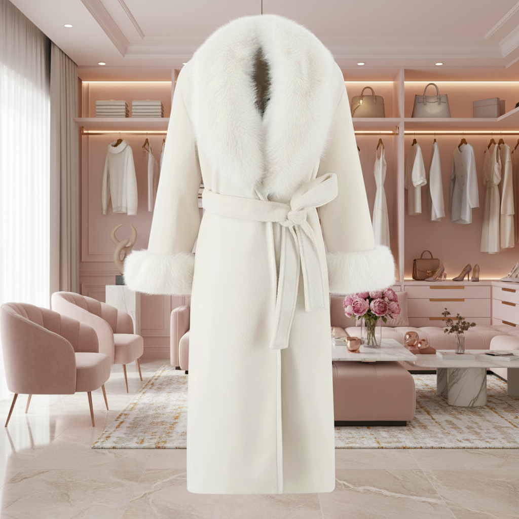 Stylish Cream-colored Long Wool Coat With Faux Fur/Collar and cuffs, Featuring A Self Tie Belt.