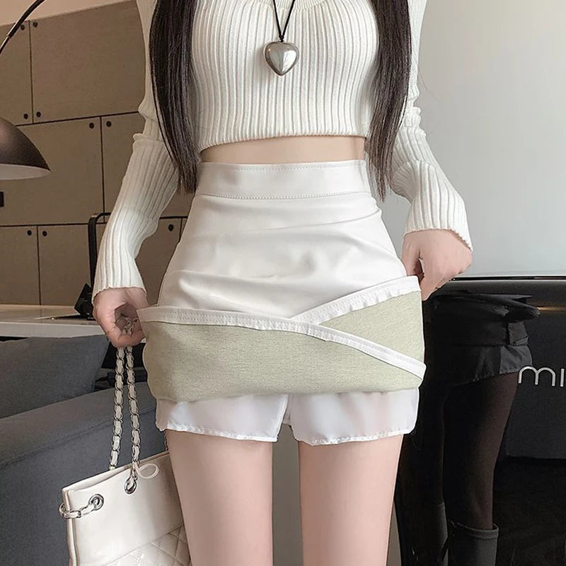 High-Waist Faux Leather Bodycon Mini Skirt – Ruched Slim Fit PU Leather Wrap Skirt for Women