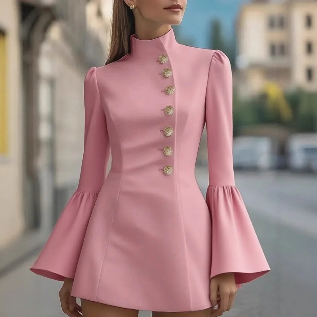 Elegant Slim Mini Dress/Winter Fashion Solid Color Long Puffed Sleeved Body-con/Buttoned Above Knee Pullover.