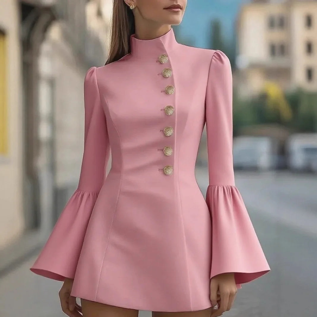 Elegant Slim Mini Dress/Winter Fashion Solid Color Long Puffed Sleeved Body-con/Buttoned Above Knee Pullover.