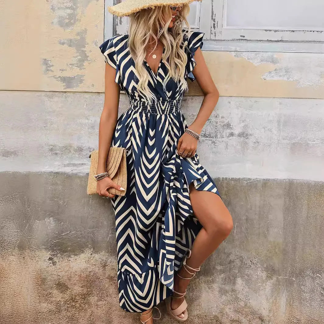 2026 New Summer Women Elegant Printed Short Sleeve Dress Tie Waist Long Hem Casual Fashion Midi Dress
