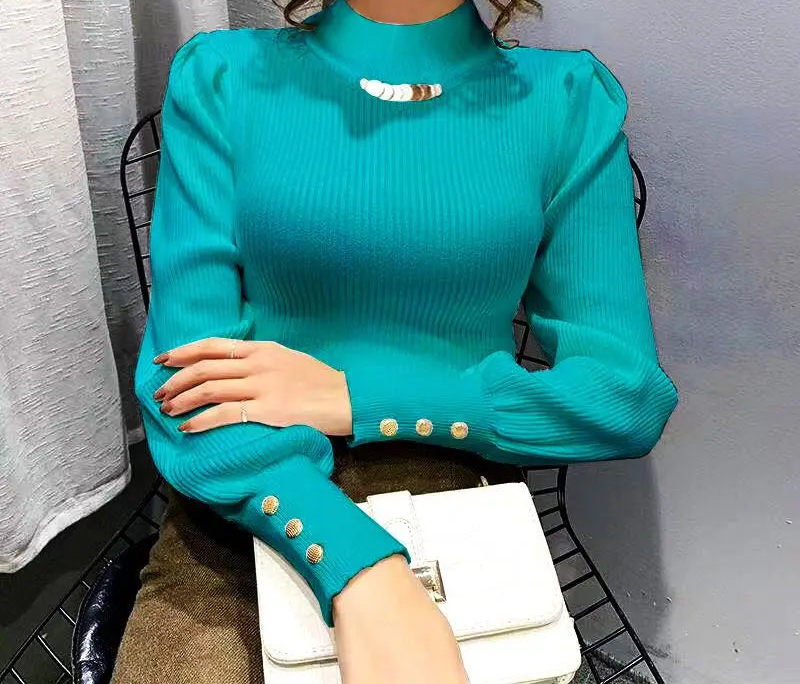 Elegant Solid Colored Button Sleeve Sweater’s/Women's Clothing/Autumn Winter Loose All-match Pullover’s.
