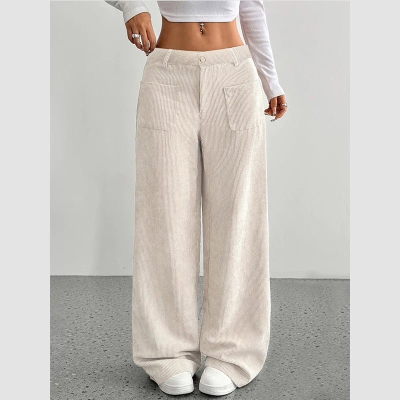 High Waist Corduroy Wide Leg Pant’s/Casual Long Trousers with Pockets/Ladies Fashionable Relaxed Fit Bottom’s.