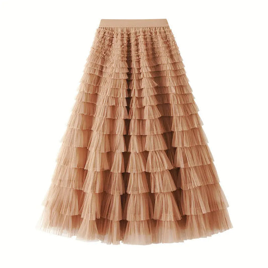 Elegant Layered Mesh Skirt For Women/High-Waisted Puff Skirt/Dropped A~Line/Appliqués Decorative Loose Fitted Skirt.