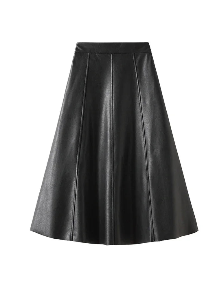 Vintage Faux Leather Skirt Women Autumn Fashion/Midi Long A Line Skirt Female Beige Khaki Elegant PU Skirt A319.
