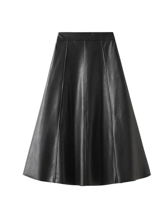 Vintage Faux Leather Skirt Women Autumn Fashion/Midi Long A Line Skirt Female Beige Khaki Elegant PU Skirt A319.