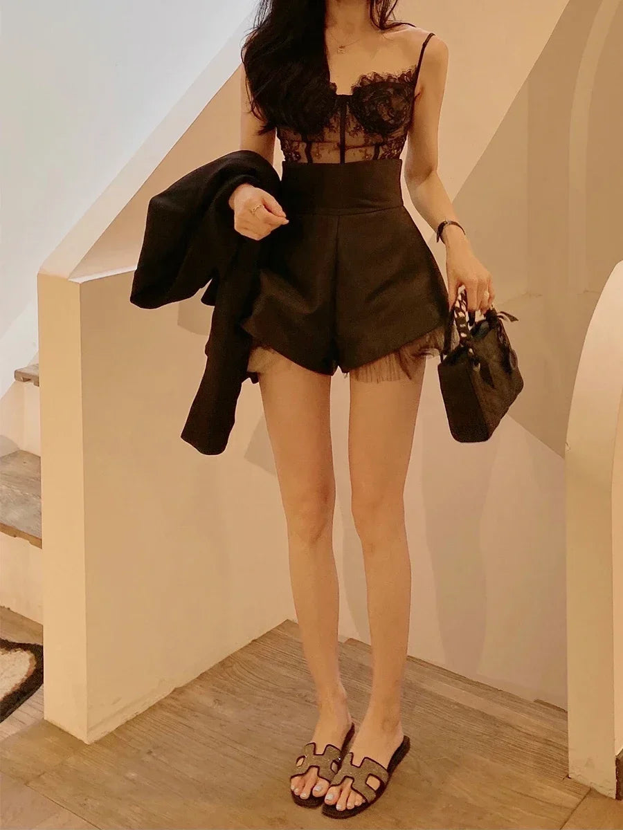 Satin A Line Short’s/High Waist Mesh Patchwork/Wide Leg Slim Suit Short’s/ Zipper Back Elegant Chic Design Solid Office Lady.