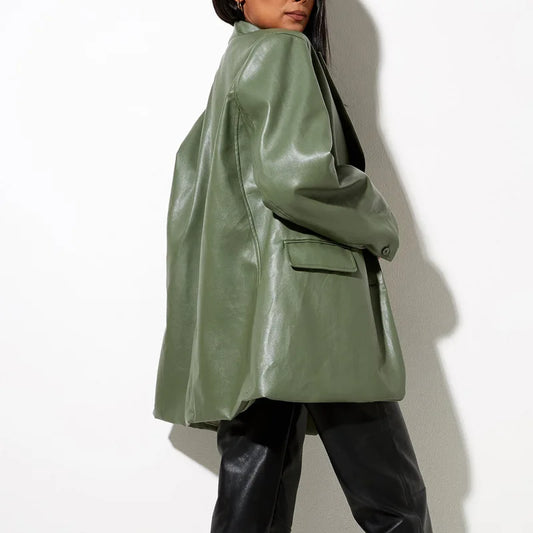 Women’s Oversized Vegan Leather Blazer – Single Breasted Faux Leather Jacket with Pockets