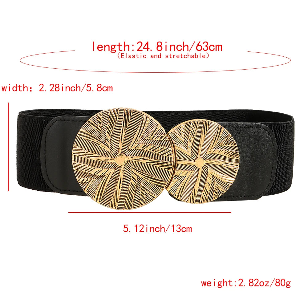 Luxury Wide Elastic Waist Belt for Women – Gold Statement Buckle Stretch Fashion Belt
