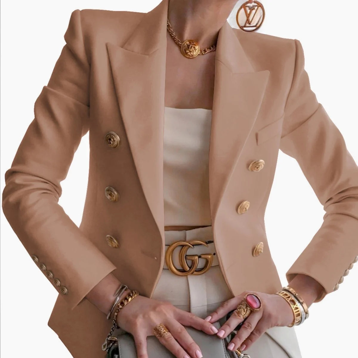Women’s Luxury Colored Double-Breasted Blazer with Gold Buttons | Tailored Chic Statement Jacket