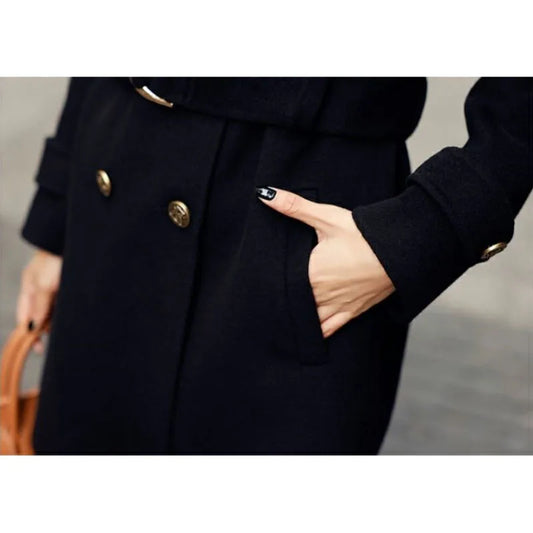 Women’s Double-Breasted Belted Long Wool-Blend Coat | Tailored Winter Overcoat with Gold Buttons & Notched Lapel | Sizes S–3XL