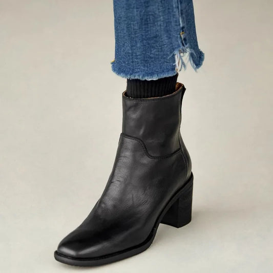 Women’s Genuine Leather Ankle Boots | Vintage European-Inspired Round Toe Booties, Side Zipper, Block Heel, Classic British Style