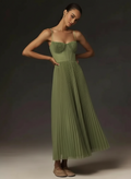 Solid Mid~Calf Dress/Deep V Neck Slim Pleated Maxi Dress/Sleeveless Female Smooths Silhouette/ Bridesmaid Gown Dress.