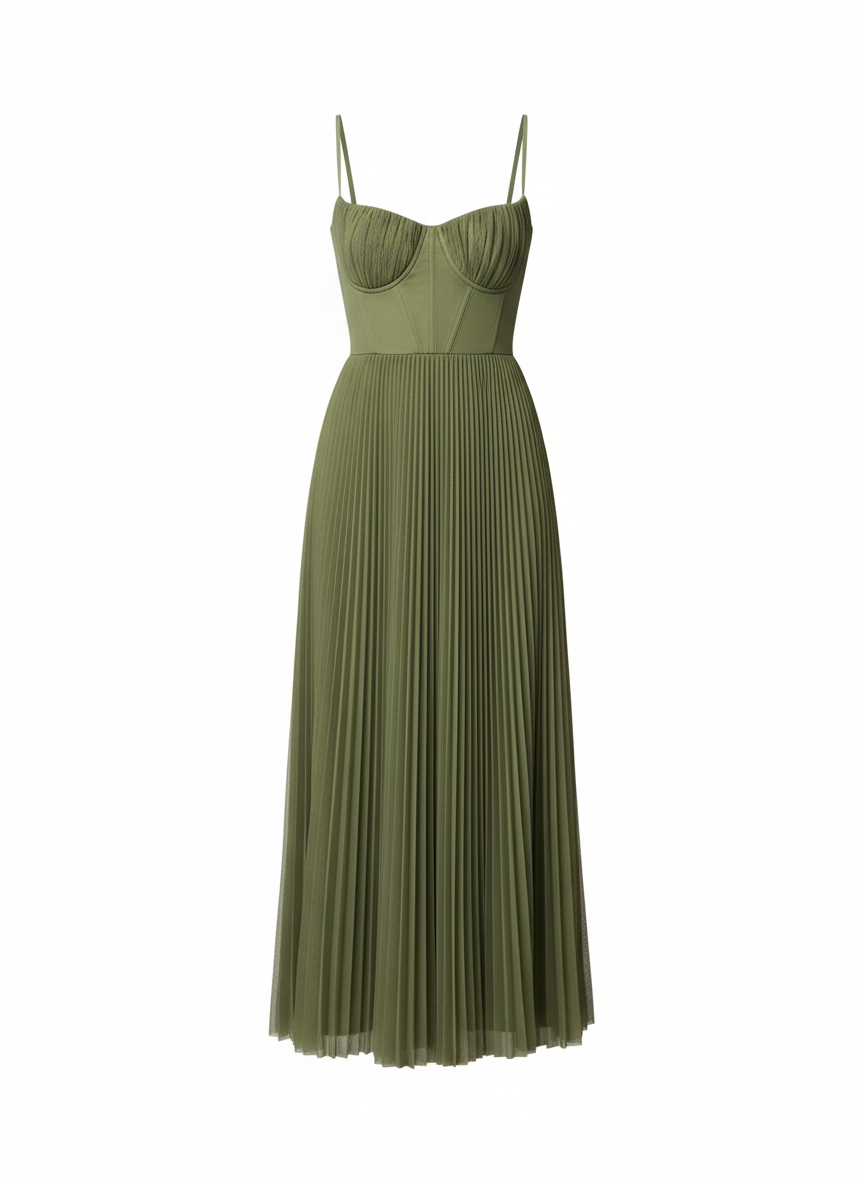 Solid Mid~Calf Dress/Deep V Neck Slim Pleated Maxi Dress/Sleeveless Female Smooths Silhouette/ Bridesmaid Gown Dress.